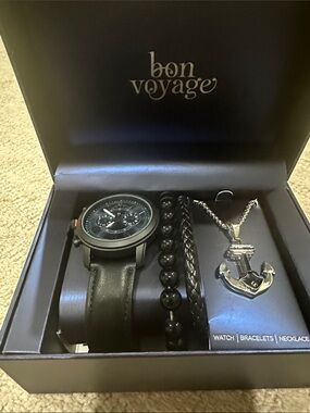 Bon Voyage Men's Black Watch and Jewelry Gift Set